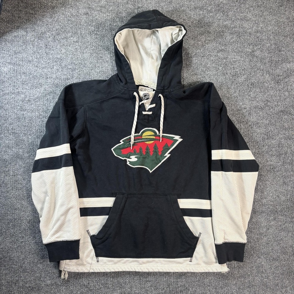 Minnesota Wild Hoodie Mens Medium Black NHL Hockey CCM Lace Up Fleece Sweatshirt